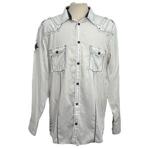 Roar Mens XXL White Embroidered Cross Western Shirt L/S Button Up Rock Style Y2K
